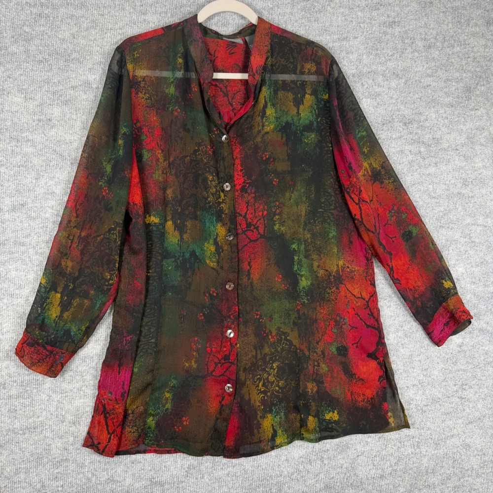 Additions by Chicos Size-2 Women Tunic Blouse Abstract Print Sheer Button Down
